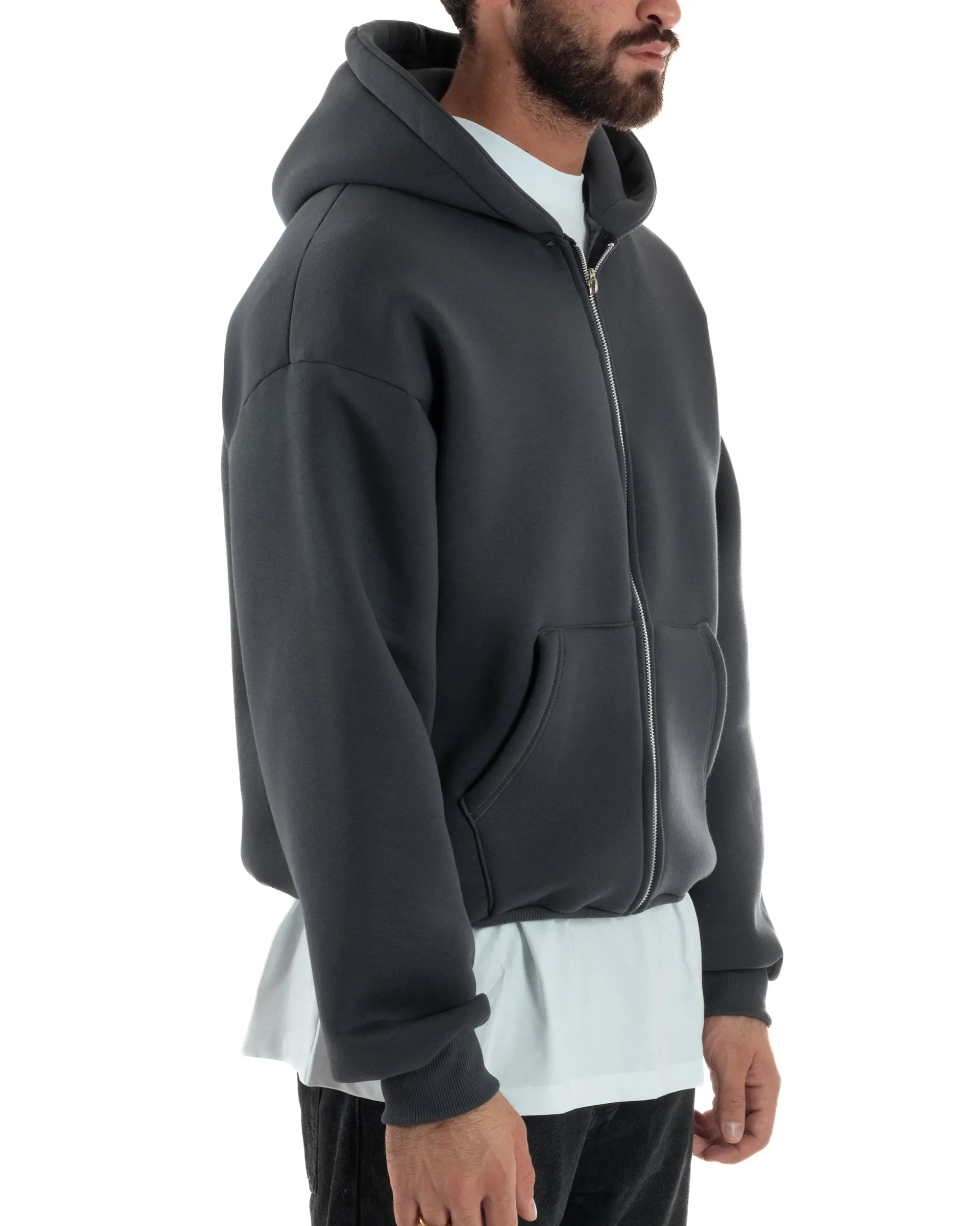 Felpa Boxy Fit Cappuccio E Zip Basic Felpata Piombo F3060A