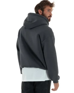 Felpa Boxy Fit Cappuccio E Zip Basic Felpata Piombo F3060A