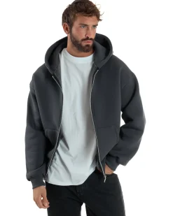 Felpa Boxy Fit Cappuccio E Zip Basic Felpata Piombo F3060A