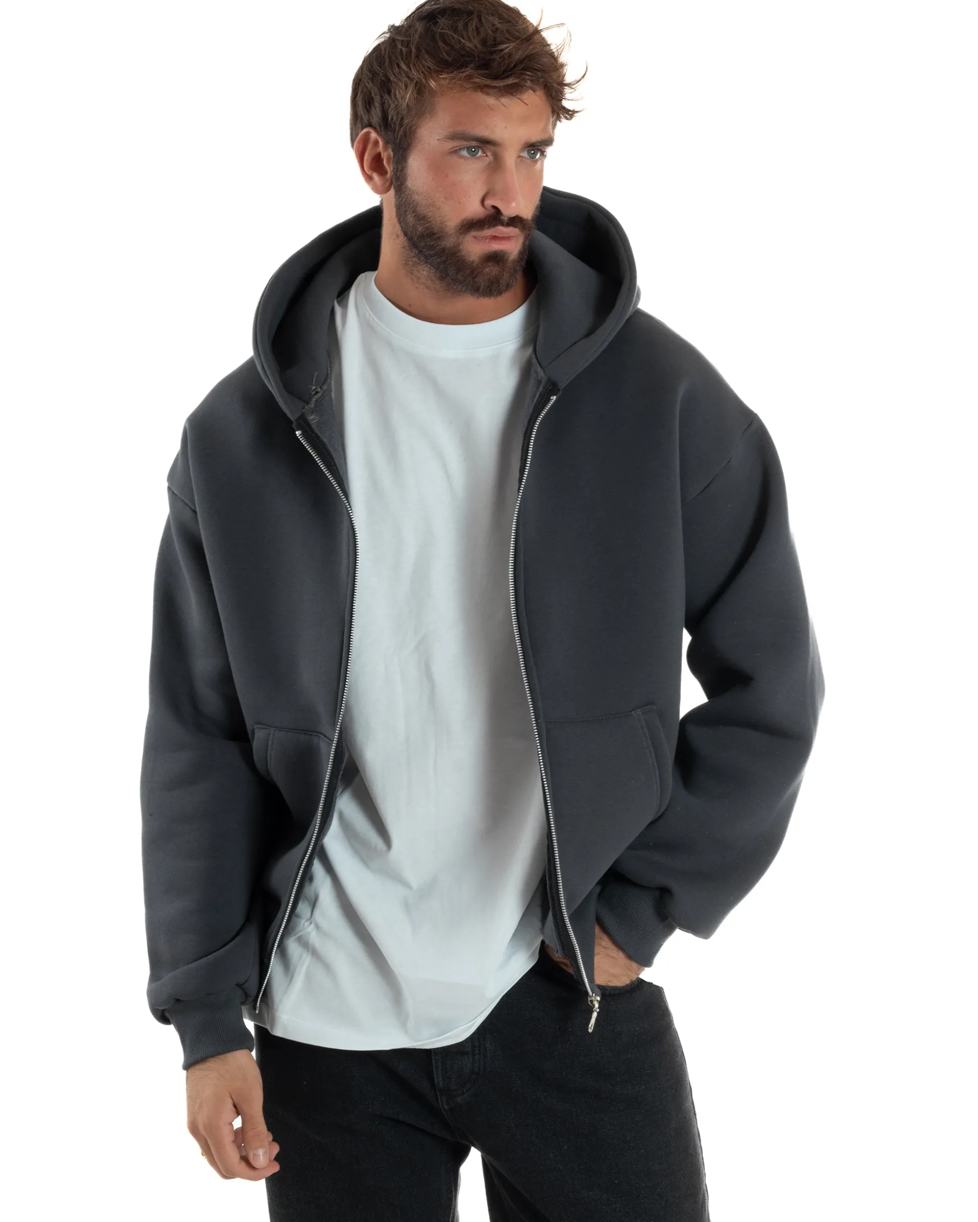 Felpa Boxy Fit Cappuccio E Zip Basic Felpata Piombo F3060A