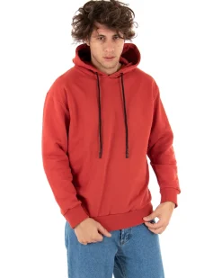 Felpa Con Cappuccio Uomo Basic Tinta Unita Mattone Comoda Relaxed Fit Garzata Leggera GIOSAL-F2864A