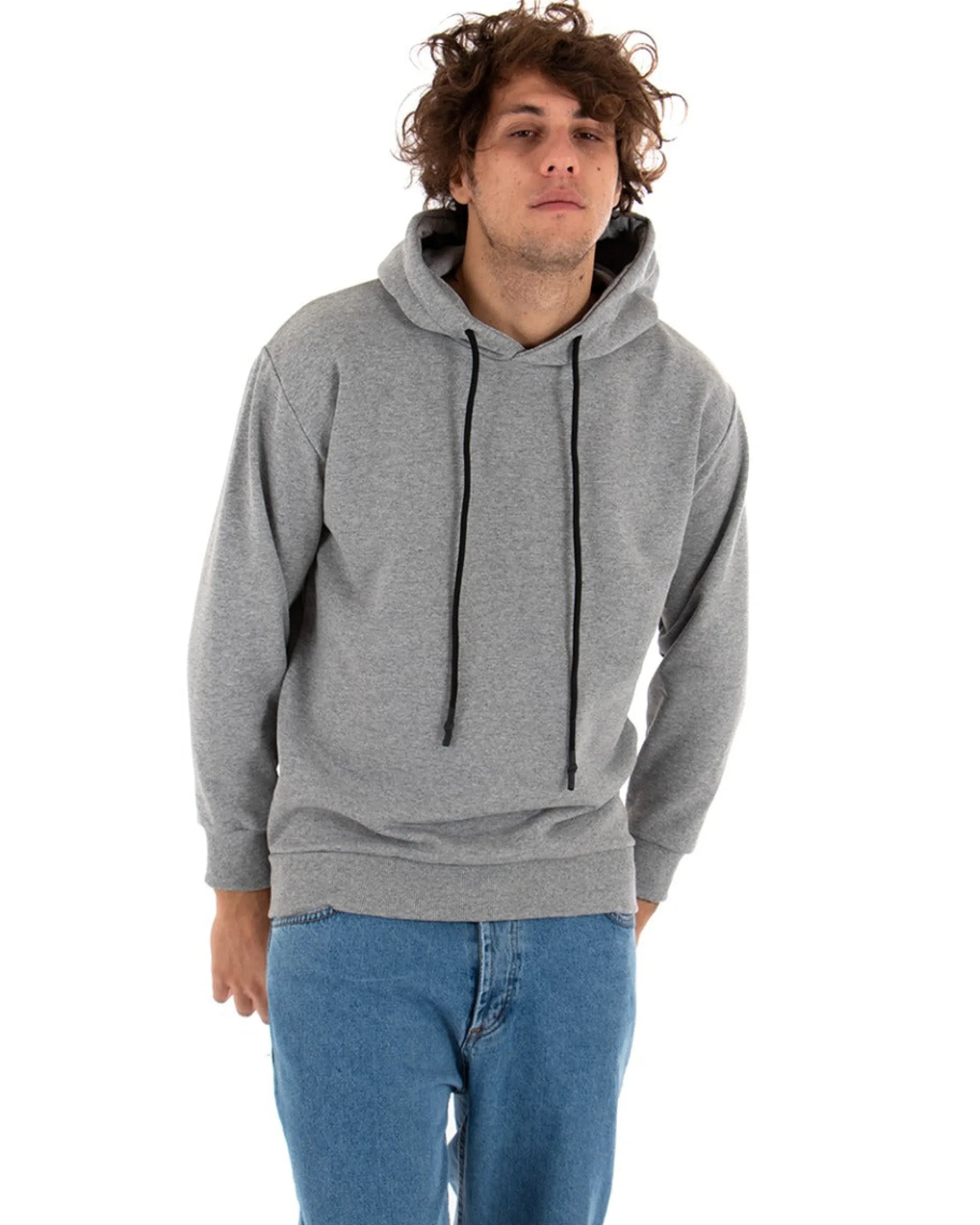 Felpa Con Cappuccio Uomo Basic Tinta Unita Grigio Comoda Relaxed Fit Garzata Leggera GIOSAL-F2867A