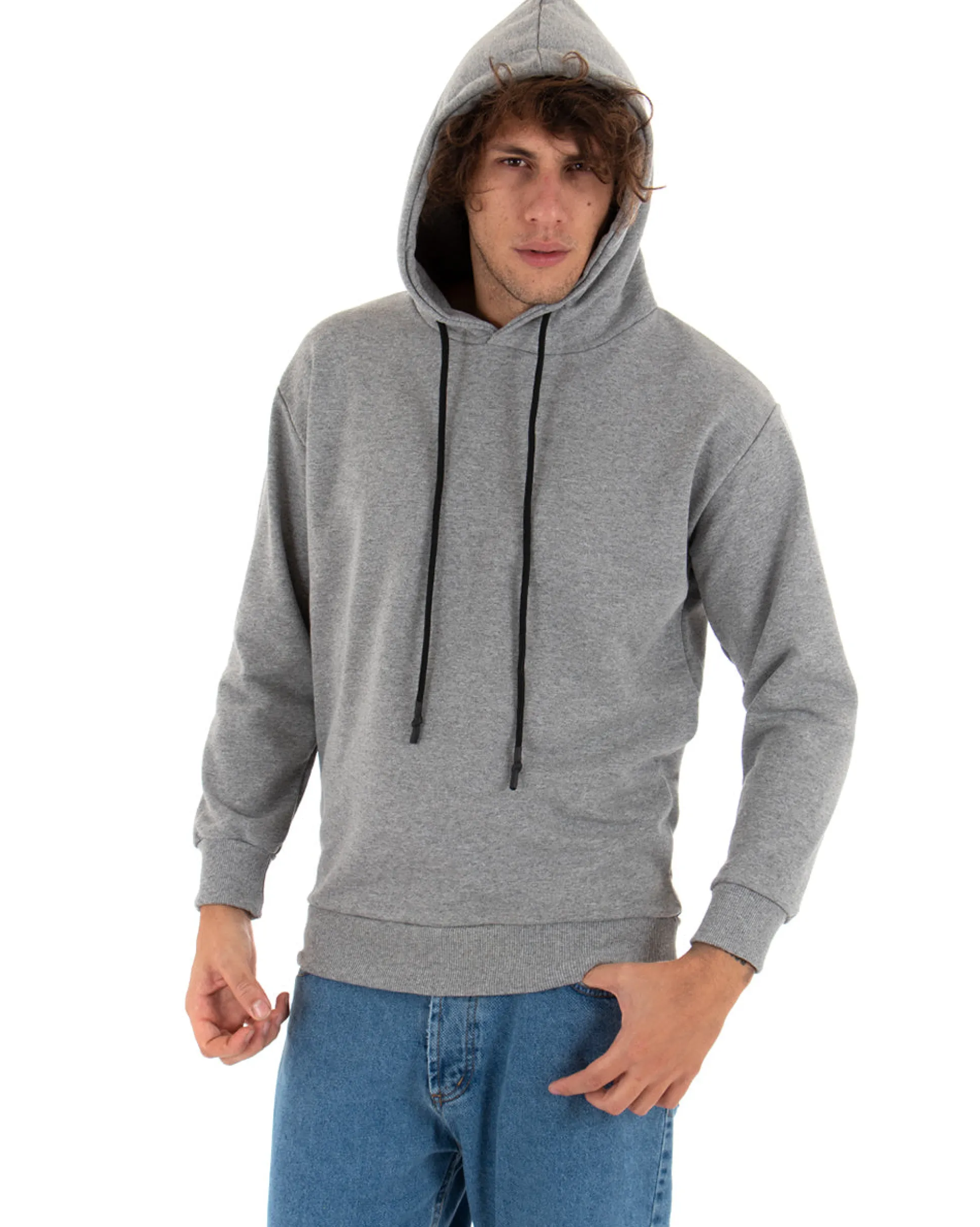 Felpa Con Cappuccio Uomo Basic Tinta Unita Grigio Comoda Relaxed Fit Garzata Leggera GIOSAL-F2867A