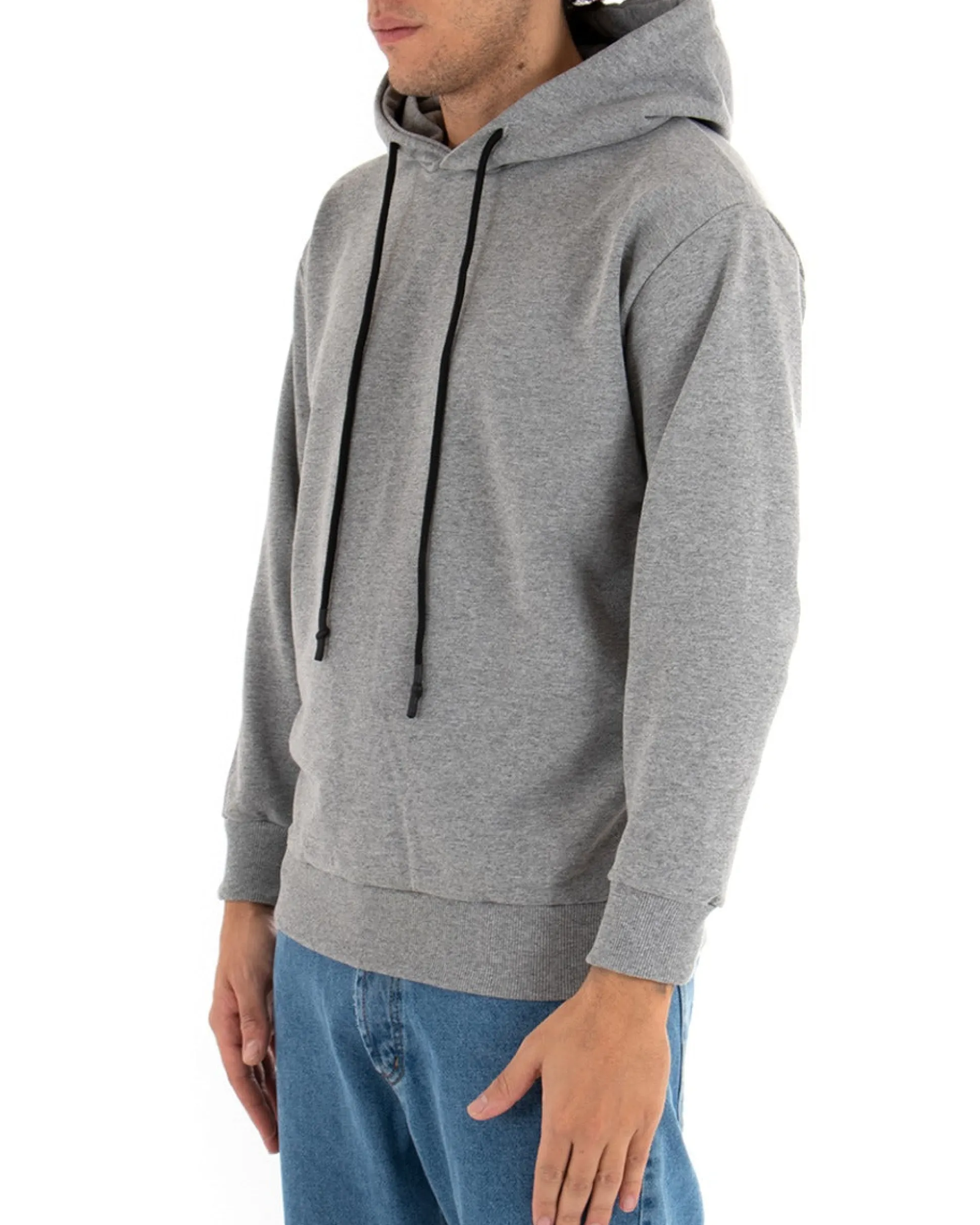 Felpa Con Cappuccio Uomo Basic Tinta Unita Grigio Comoda Relaxed Fit Garzata Leggera GIOSAL-F2867A
