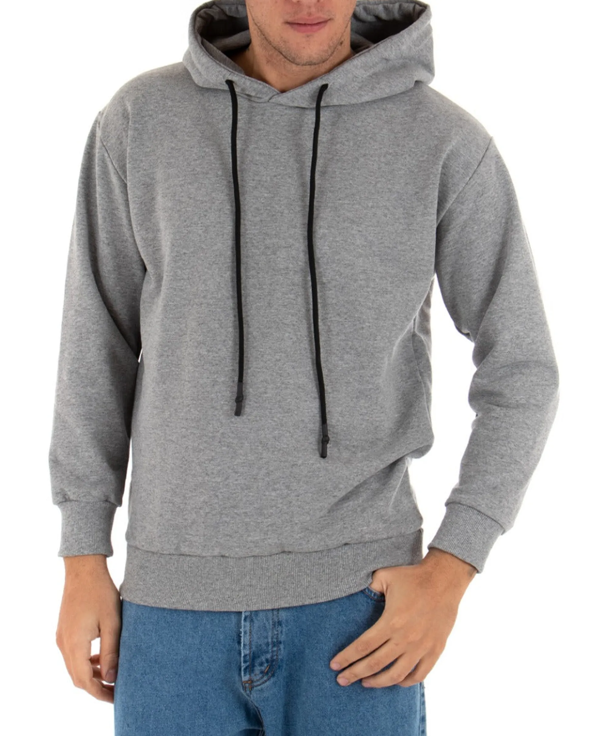 Felpa Con Cappuccio Uomo Basic Tinta Unita Grigio Comoda Relaxed Fit Garzata Leggera GIOSAL-F2867A