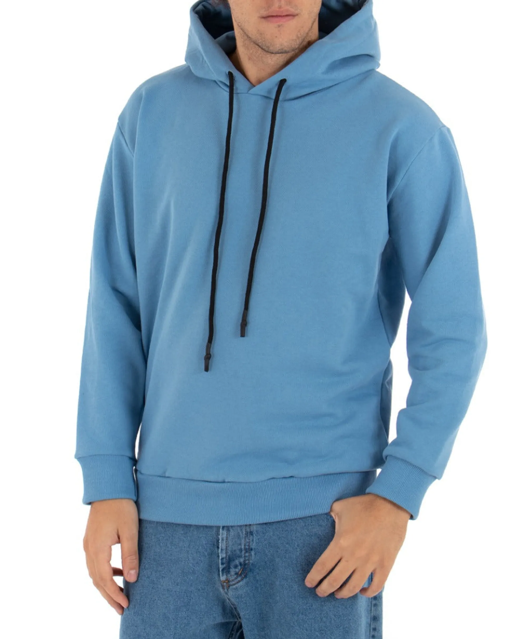 Felpa Con Cappuccio Uomo Basic Tinta Unita Azzurro Comoda Relaxed Fit Garzata Leggera GIOSAL-F2870A