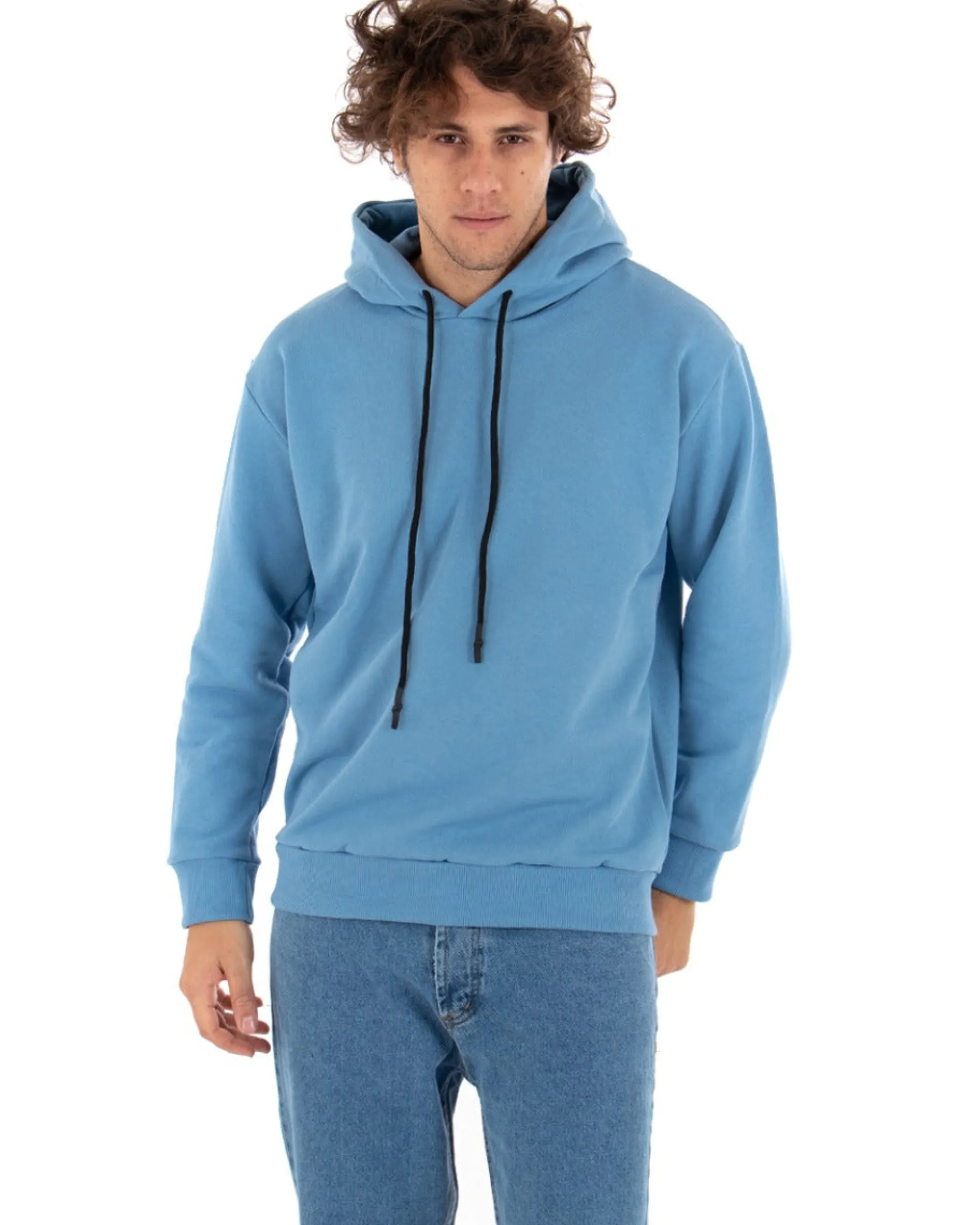 Felpa Con Cappuccio Uomo Basic Tinta Unita Azzurro Comoda Relaxed Fit Garzata Leggera GIOSAL-F2870A