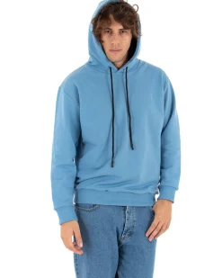Felpa Con Cappuccio Uomo Basic Tinta Unita Azzurro Comoda Relaxed Fit Garzata Leggera GIOSAL-F2870A