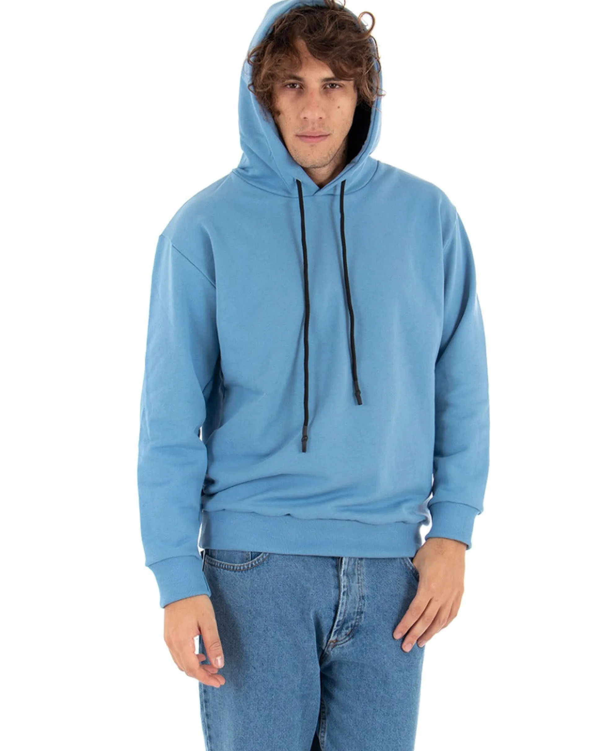 Felpa Con Cappuccio Uomo Basic Tinta Unita Azzurro Comoda Relaxed Fit Garzata Leggera GIOSAL-F2870A