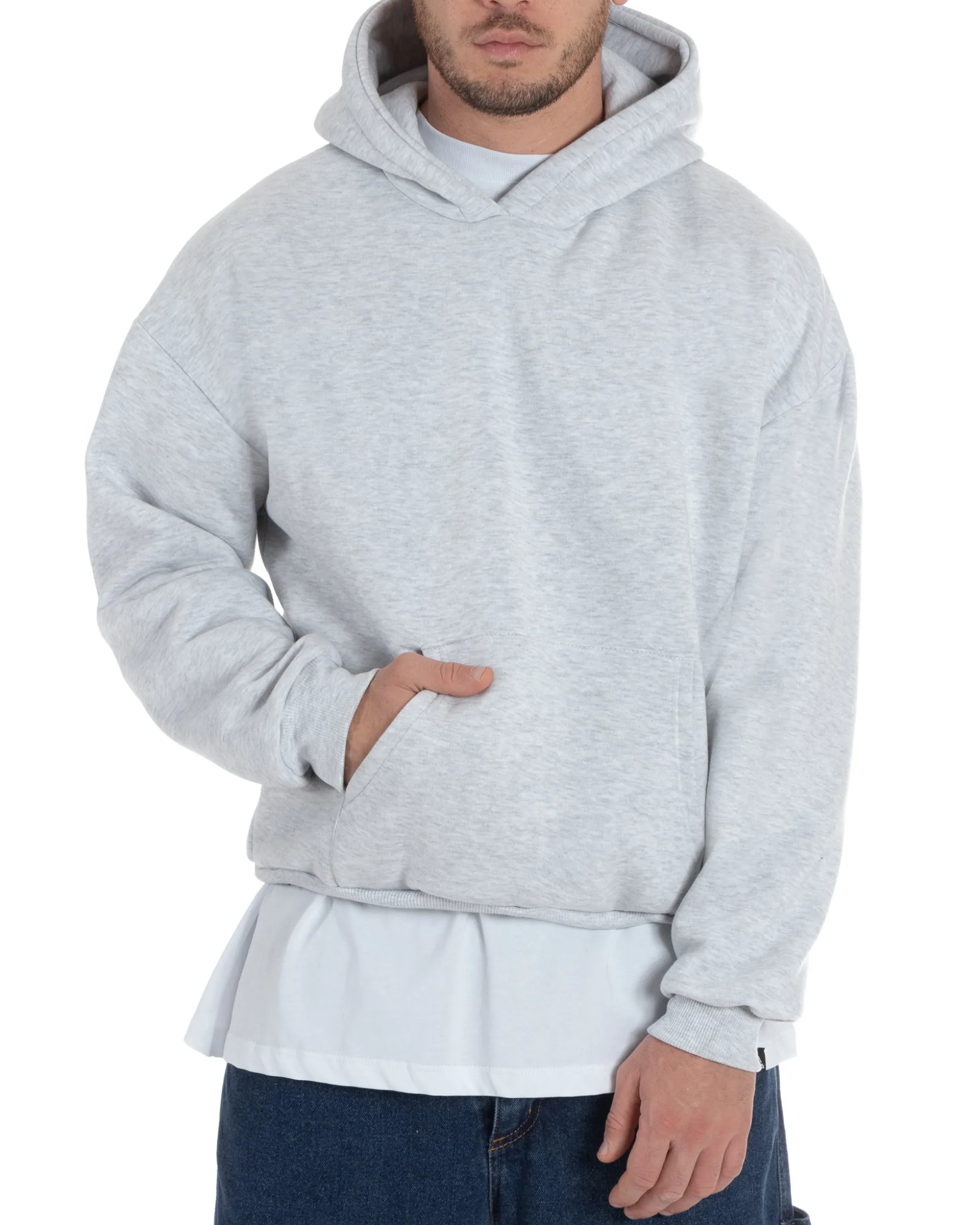 Felpa con cappuccio uomo boxy fit basic felpata comoda grigio chiaro GIOSAL-F2991A
