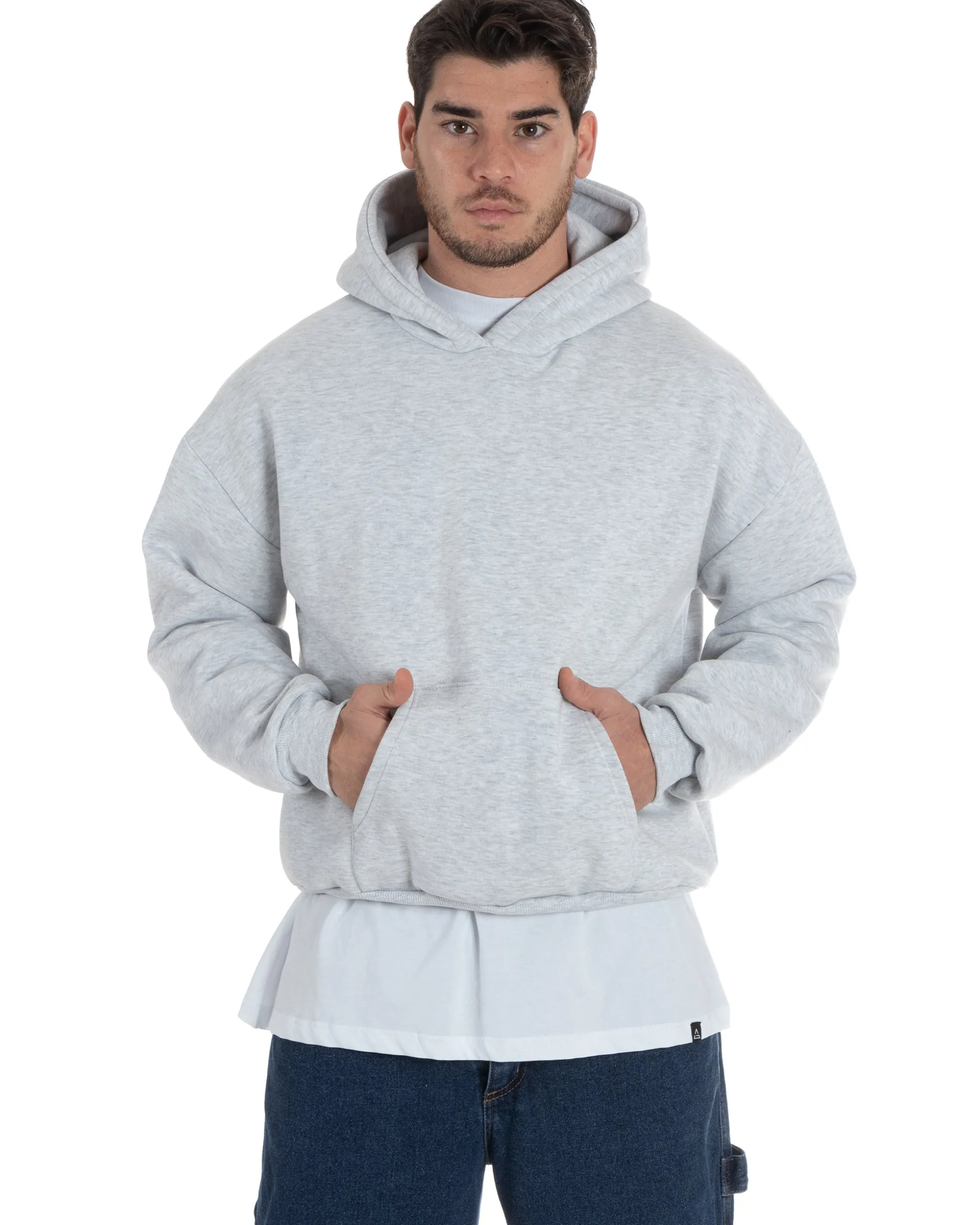 Felpa con cappuccio uomo boxy fit basic felpata comoda grigio chiaro GIOSAL-F2991A