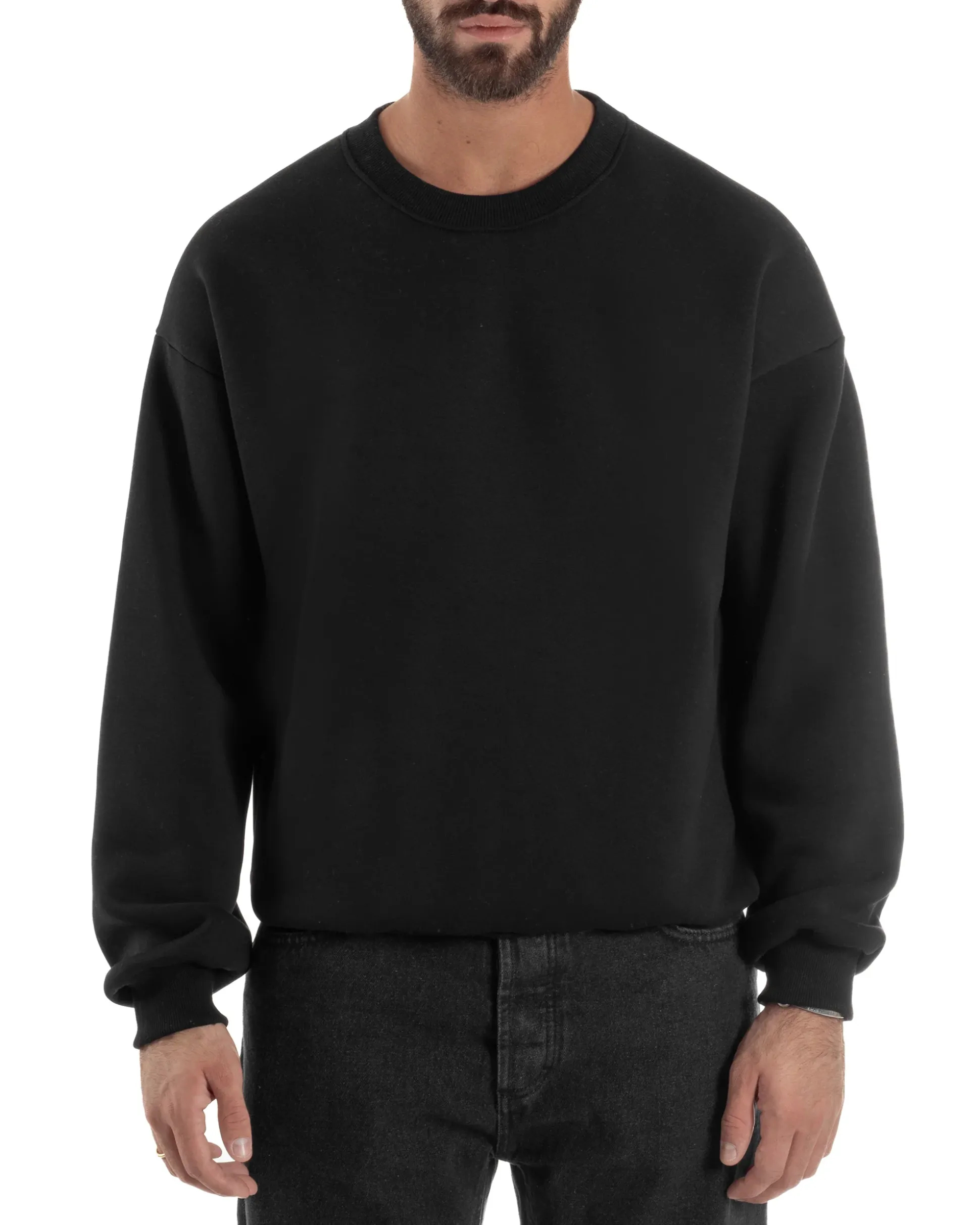 Felpa Girocollo Hoodie Boxy Fit Basic Felpata Nero F3055A