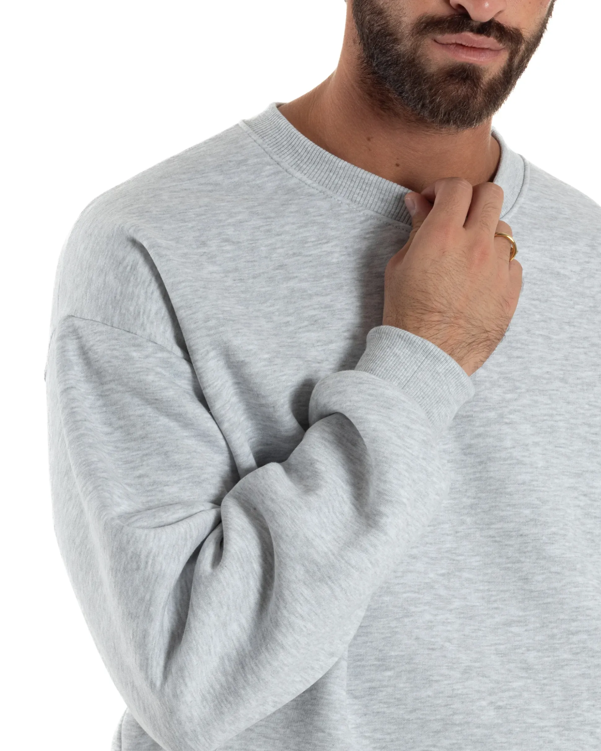 Felpa Girocollo Hoodie Boxy Fit Basic Felpata Grigio Chiaro F3053A