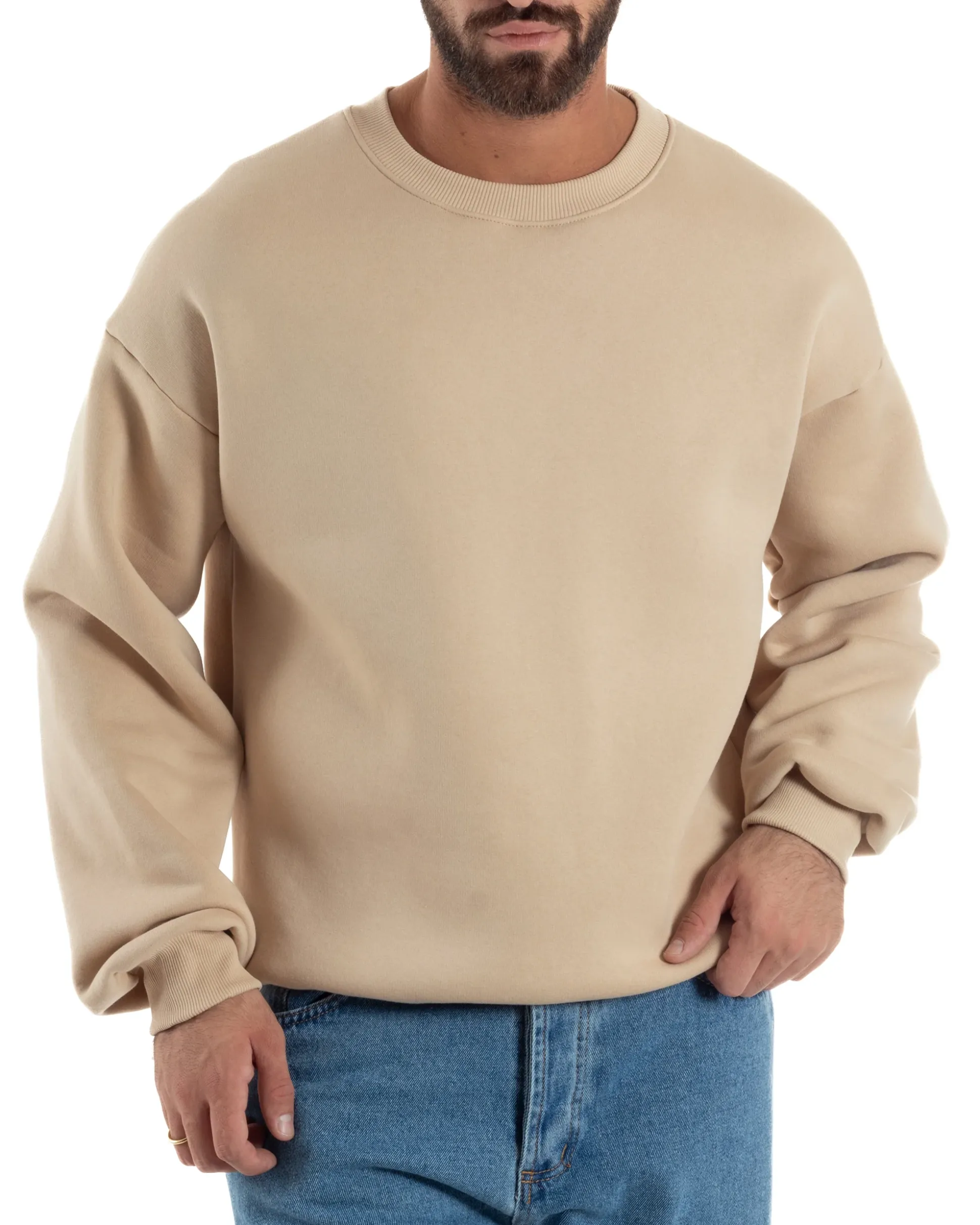 Felpa Girocollo Hoodie Boxy Fit Basic Felpata Beige F3056A