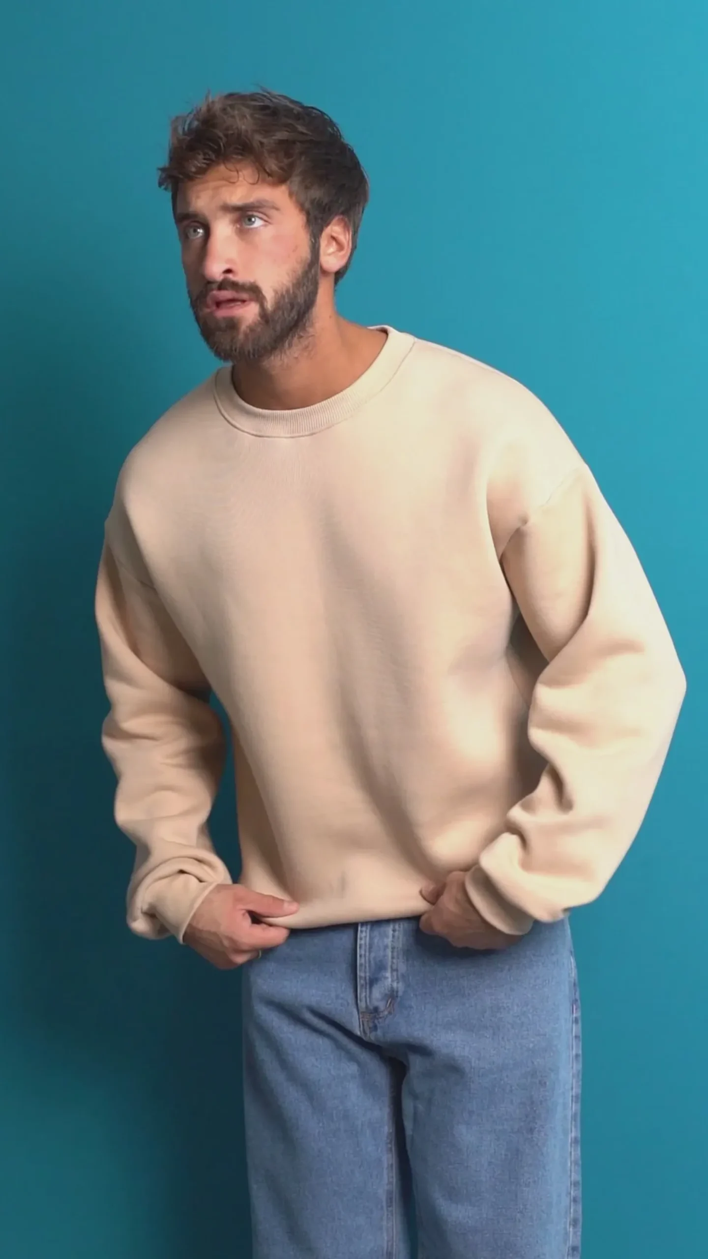 Felpa Girocollo Hoodie Boxy Fit Basic Felpata Beige F3056A