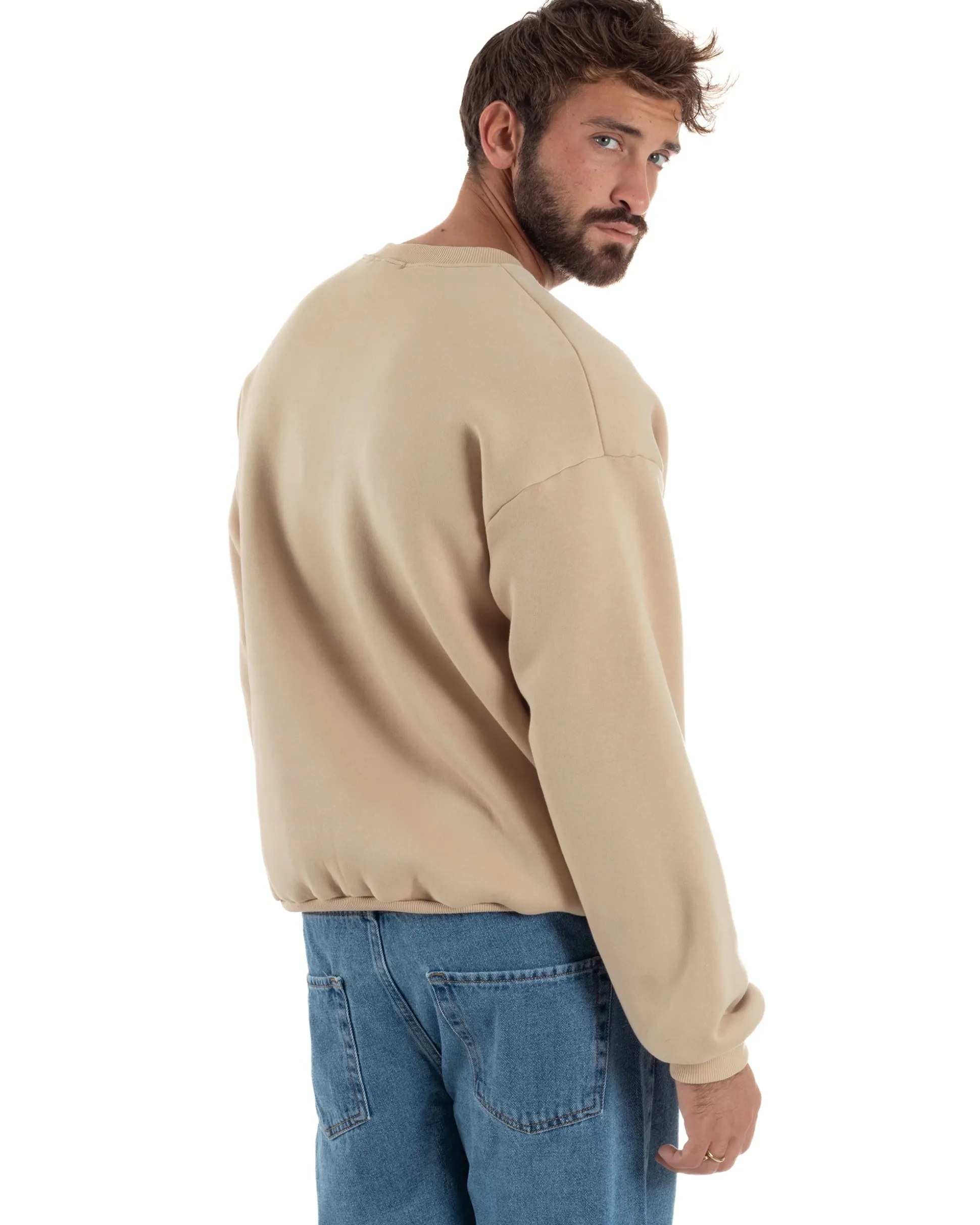 Felpa Girocollo Hoodie Boxy Fit Basic Felpata Beige F3056A