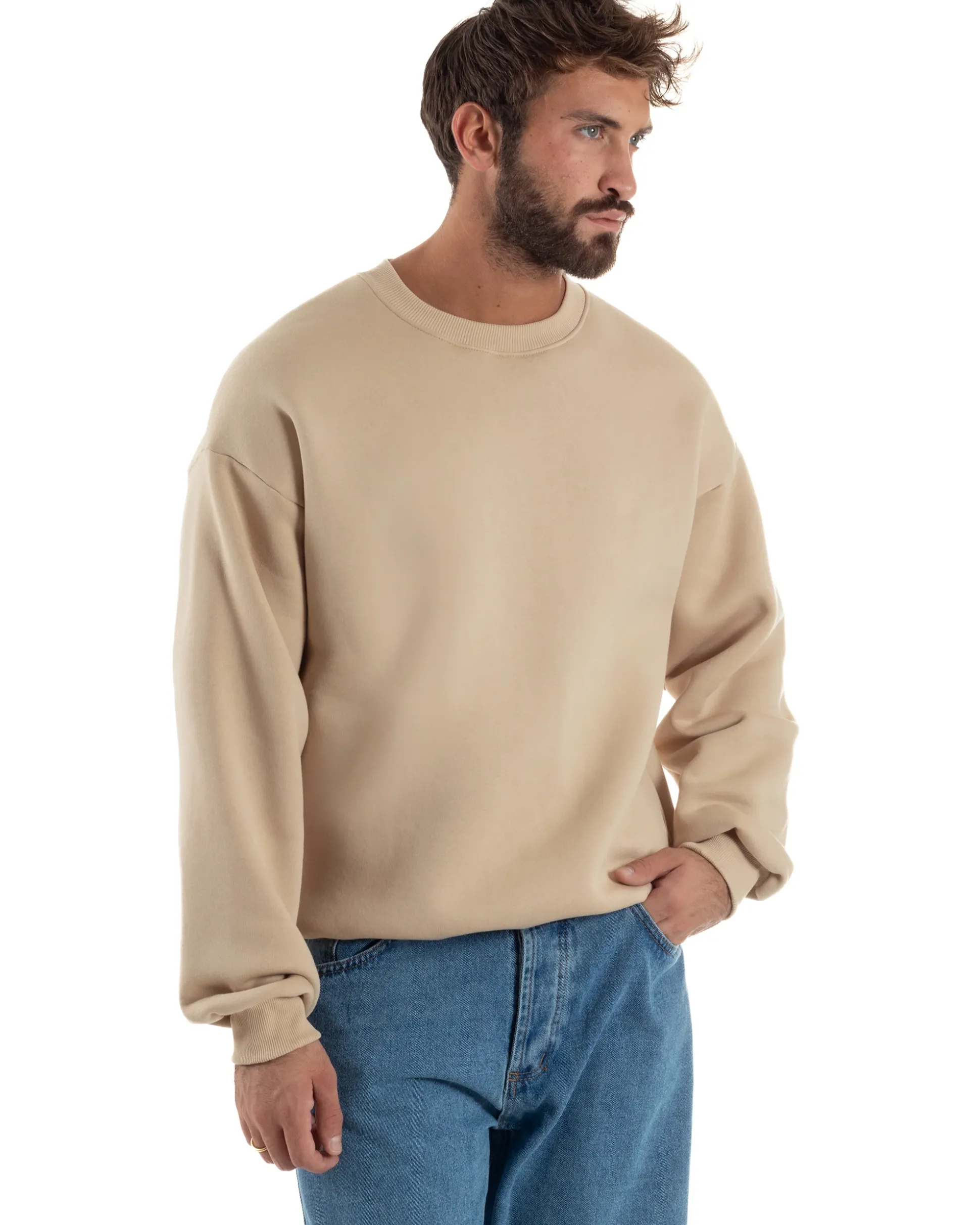 Felpa Girocollo Hoodie Boxy Fit Basic Felpata Beige F3056A