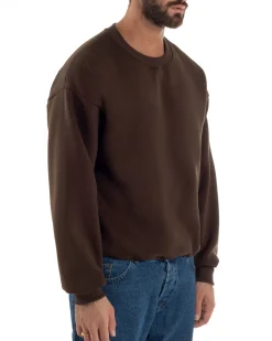 Felpa Girocollo Hoodie Boxy Fit Basic Felpata Marrone F3058A