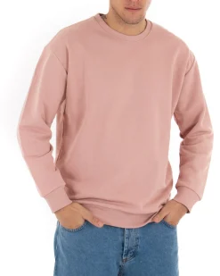 Felpa Girocollo Uomo Basic Tinta Unita Rosa Comoda Relaxed Fit Garzata Leggera GIOSAL-F2854A