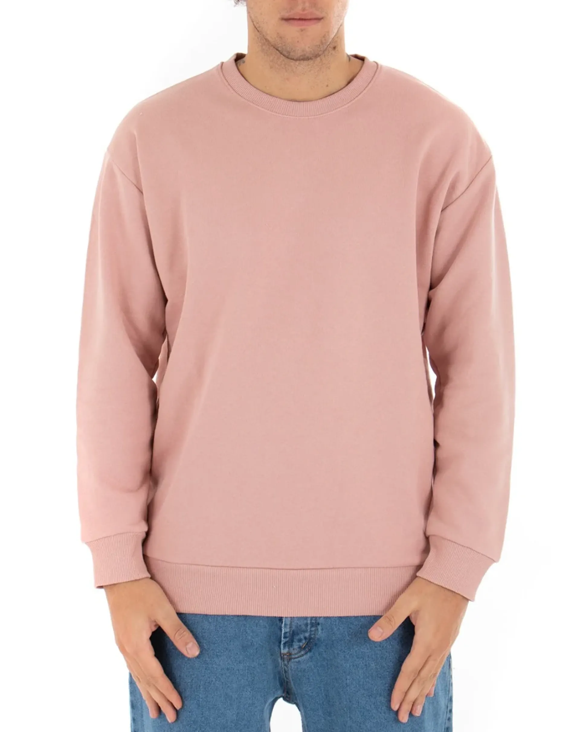 Felpa Girocollo Uomo Basic Tinta Unita Rosa Comoda Relaxed Fit Garzata Leggera GIOSAL-F2854A