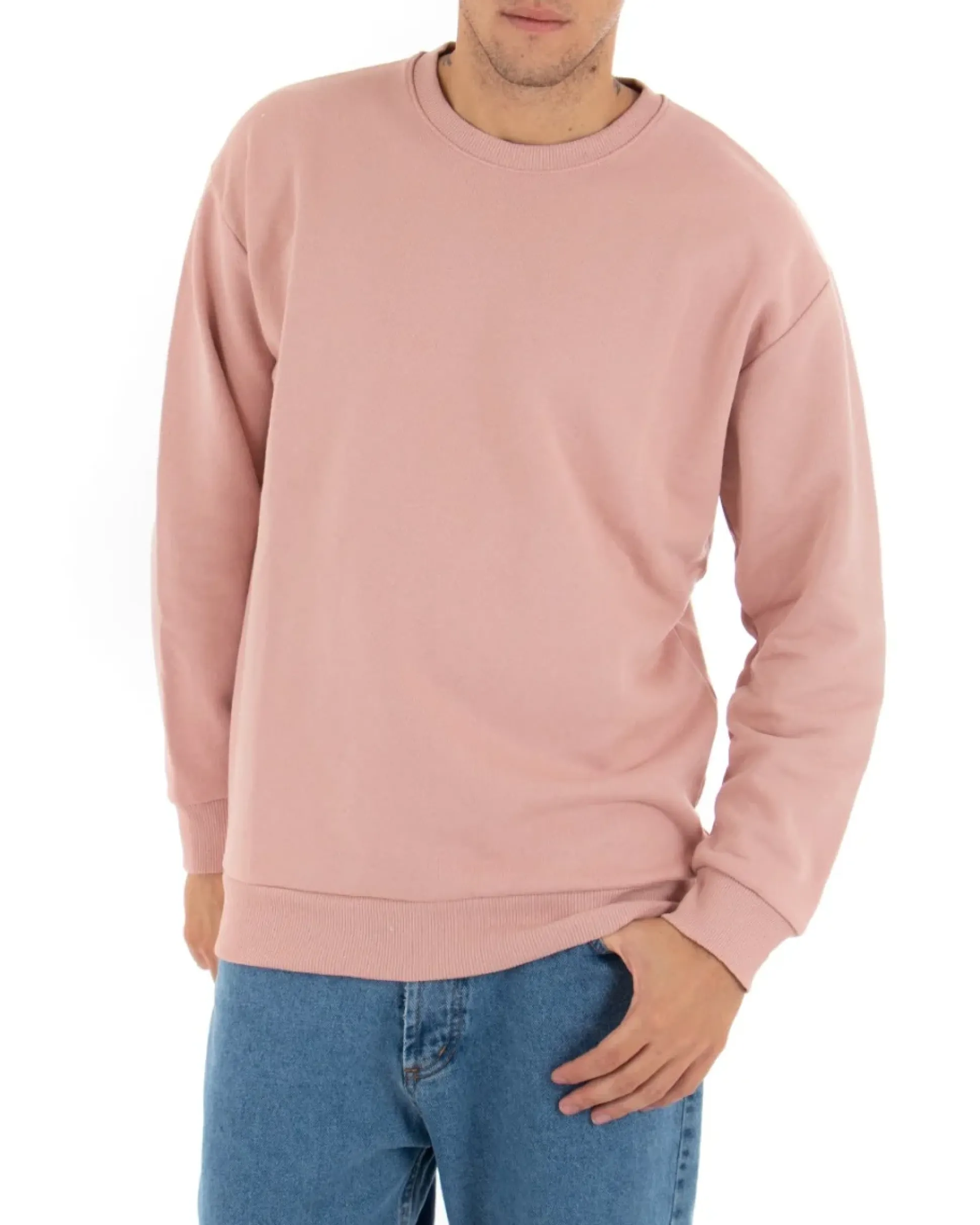 Felpa Girocollo Uomo Basic Tinta Unita Rosa Comoda Relaxed Fit Garzata Leggera GIOSAL-F2854A