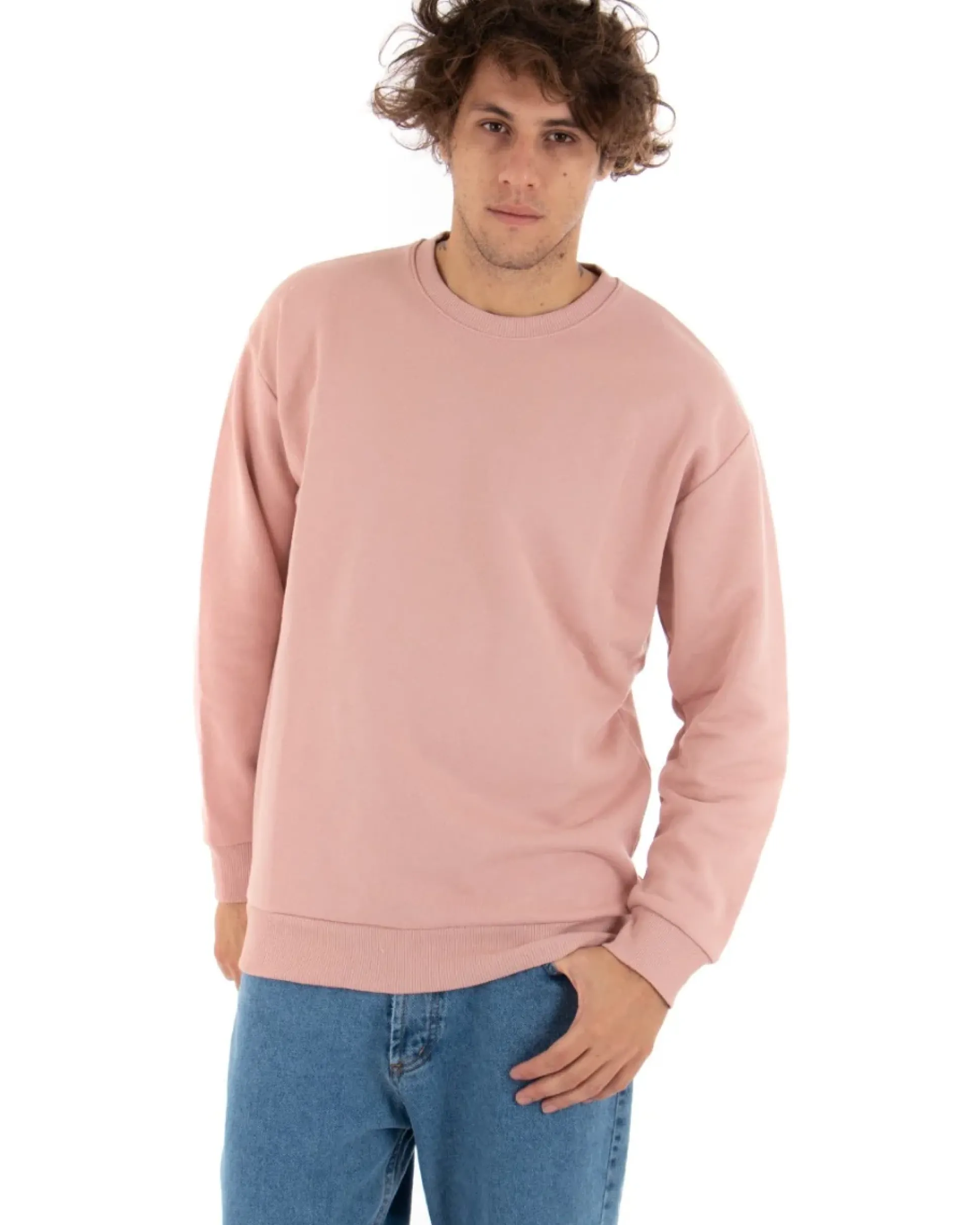 Felpa Girocollo Uomo Basic Tinta Unita Rosa Comoda Relaxed Fit Garzata Leggera GIOSAL-F2854A