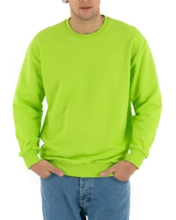 Felpa Girocollo Uomo Basic Tinta Unita Verde Acido Comoda Relaxed Fit Garzata Leggera GIOSAL-F2858A