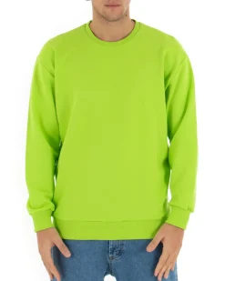 Felpa Girocollo Uomo Basic Tinta Unita Verde Acido Comoda Relaxed Fit Garzata Leggera GIOSAL-F2858A