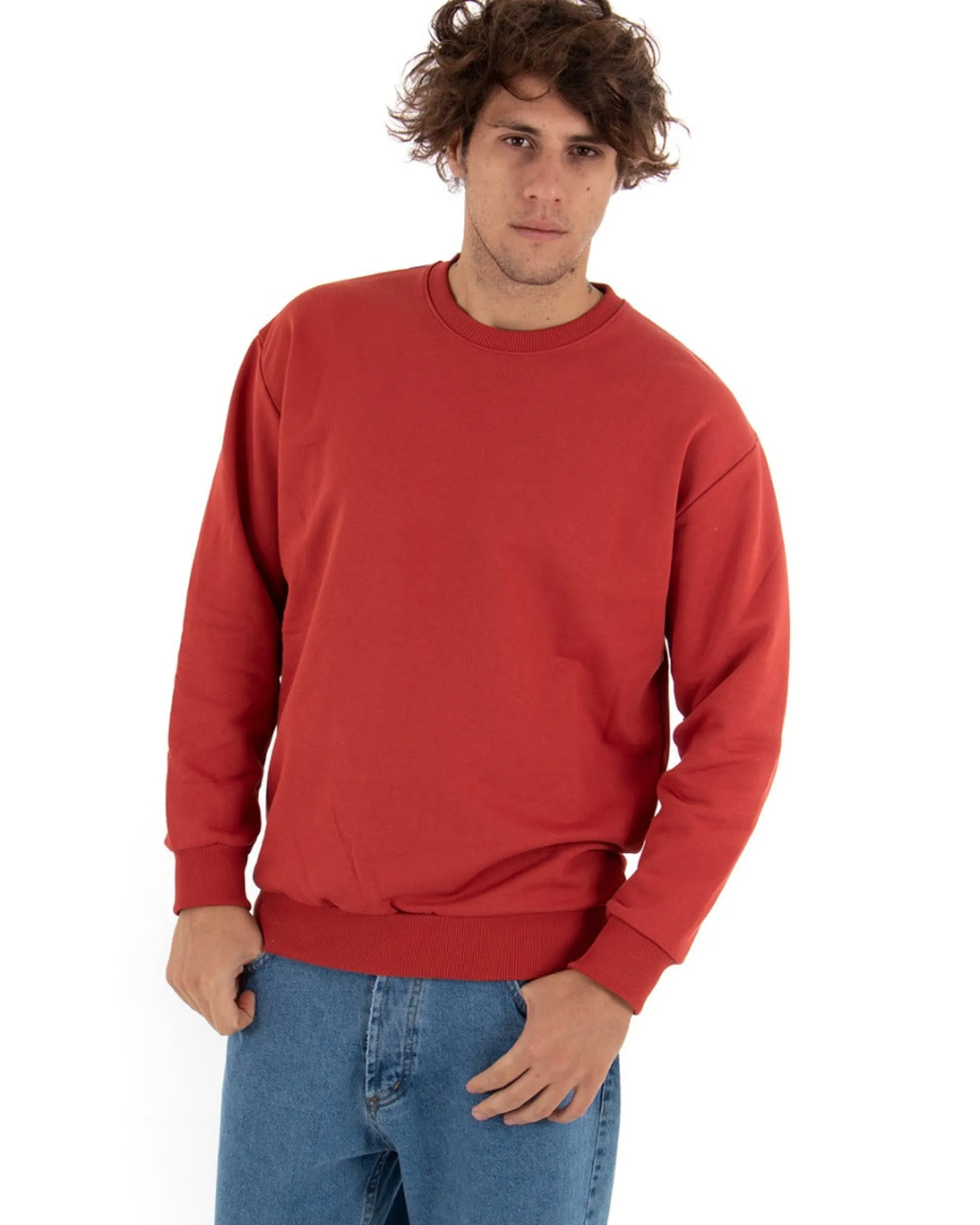 Felpa Girocollo Uomo Basic Tinta Unita Mattone Comoda Relaxed Fit Garzata Leggera GIOSAL-F2855A