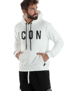 Felpa Uomo Cappuccio Marsupio Stampa Regular Fit Basic Bianco ICON ICUF2W6F005