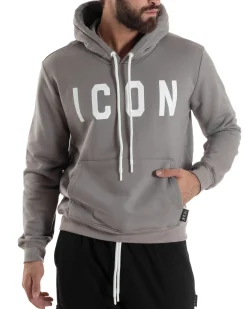 Felpa Uomo Cappuccio Marsupio Stampa Regular Fit Basic Grigio ICON ICUF2W6F005