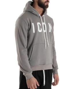 Felpa Uomo Cappuccio Marsupio Stampa Regular Fit Basic Grigio ICON ICUF2W6F005