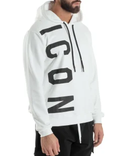 Felpa Uomo Cappuccio Stampa Scritta Casual Regular Fit Basic Bianco ICON ICUF2W6F003