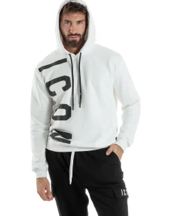 Felpa Uomo Cappuccio Stampa Scritta Casual Regular Fit Basic Bianco ICON ICUF2W6F003