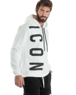 Felpa Uomo Cappuccio Stampa Scritta Casual Regular Fit Basic Bianco ICON ICUF2W6F003