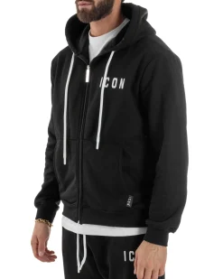 Felpa Uomo Cappuccio Zip Marsupio Stampa Regular Fit Basic Nero ICON ICUF2W6F007