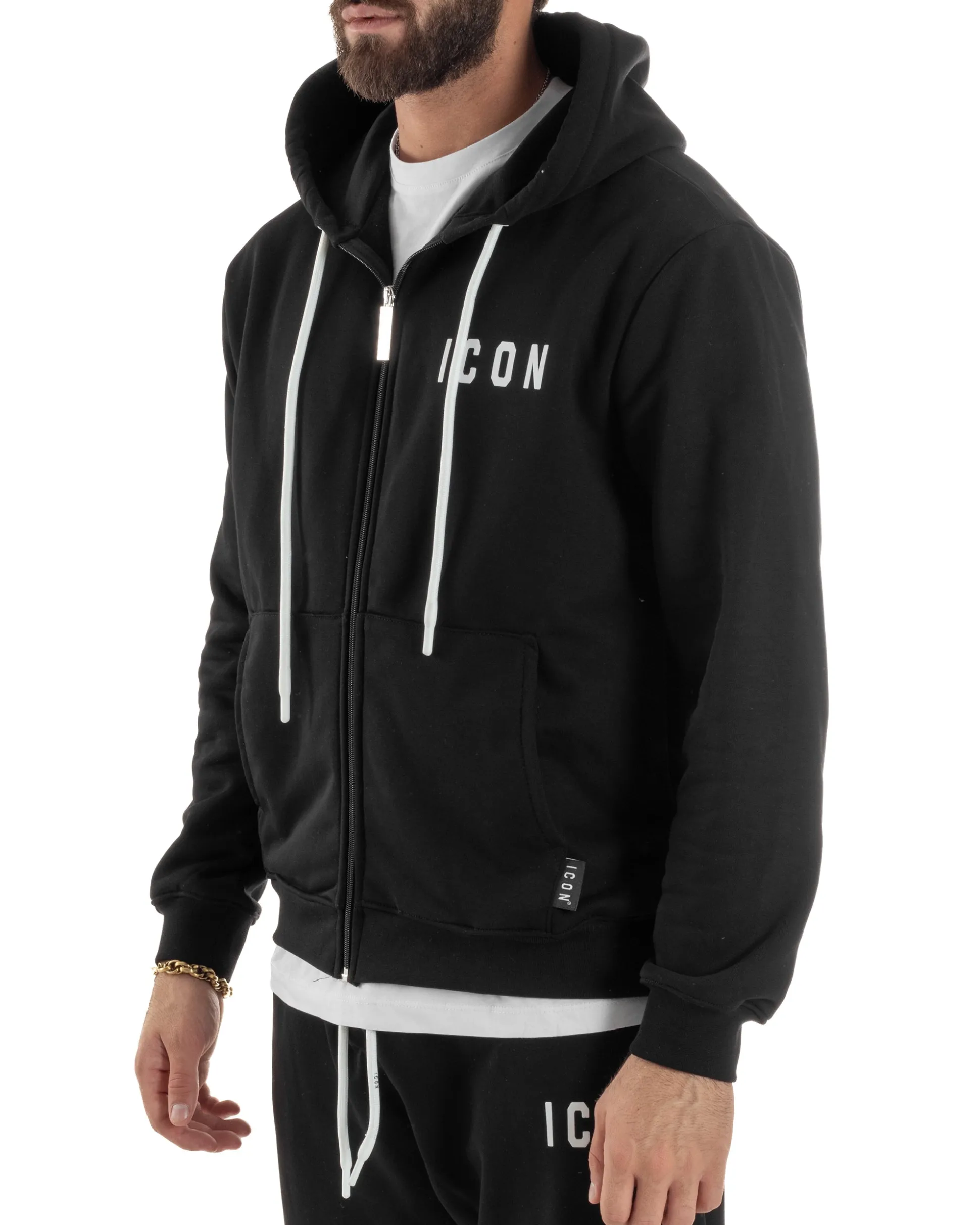 Felpa Uomo Cappuccio Zip Marsupio Stampa Regular Fit Basic Nero ICON ICUF2W6F007