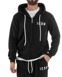 Felpa Uomo Cappuccio Zip Marsupio Stampa Regular Fit Basic Nero ICON ICUF2W6F007