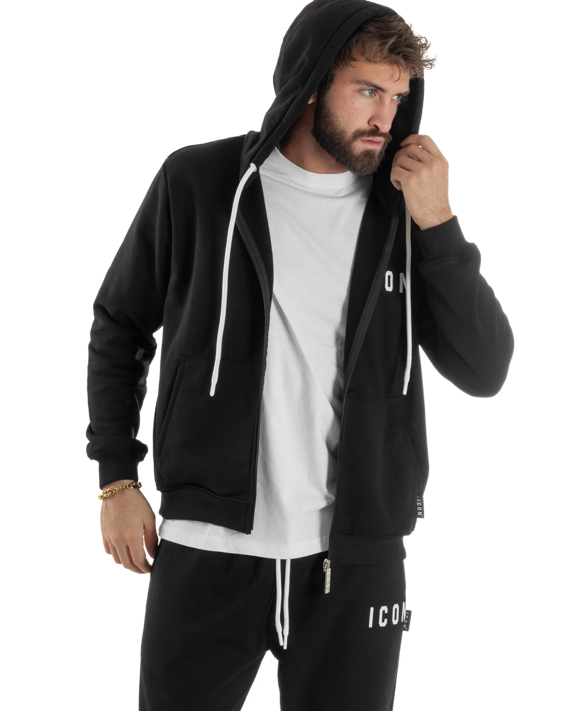 Felpa Uomo Cappuccio Zip Marsupio Stampa Regular Fit Basic Nero ICON ICUF2W6F007