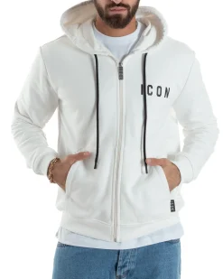 Felpa Uomo Cappuccio Zip Marsupio Stampa Regular Fit Basic Bianco ICON ICUF2W6F007
