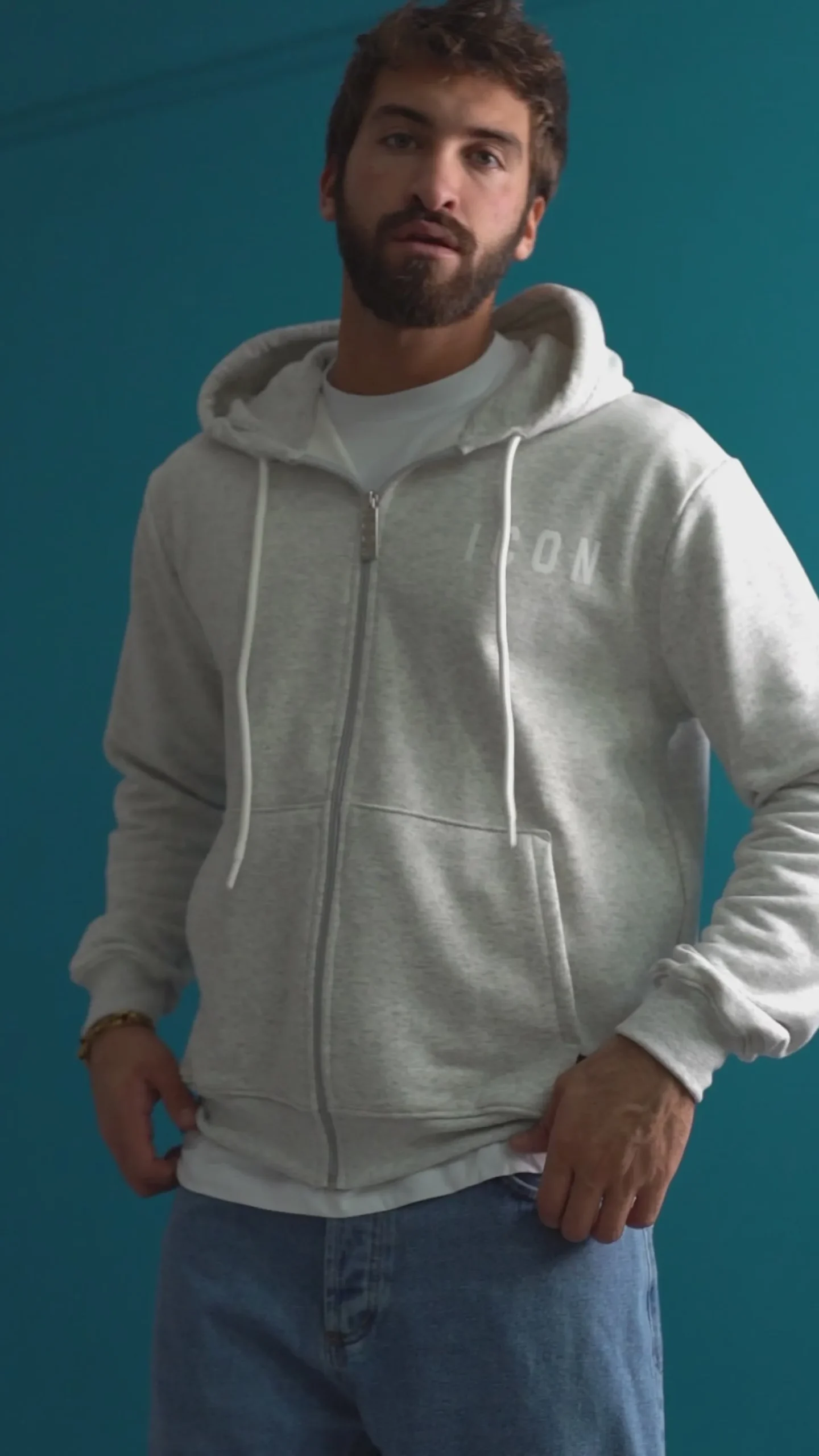 Felpa Uomo Cappuccio Zip Marsupio Stampa Regular Fit Basic Bianco ICON ICUF2W6F007