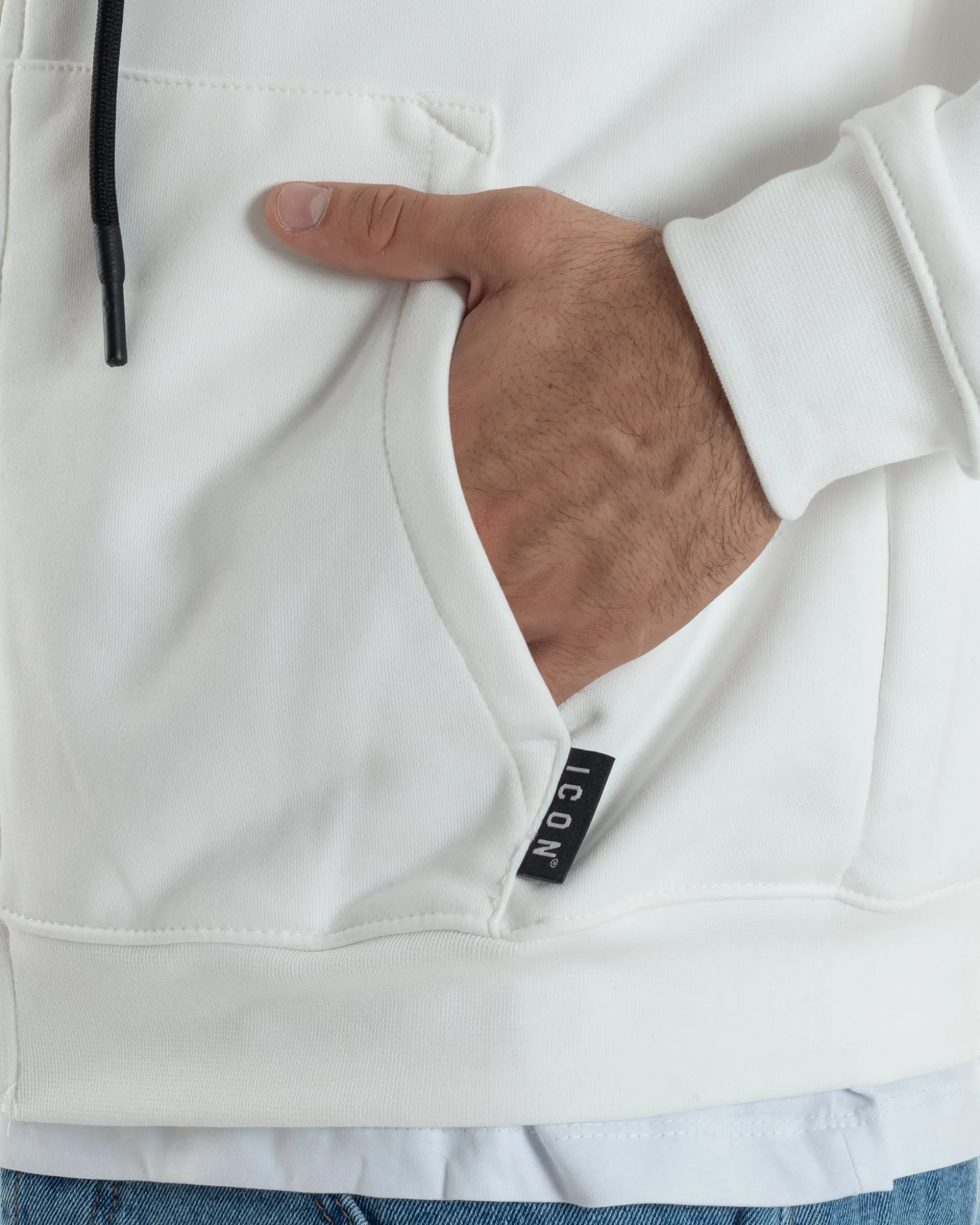Felpa Uomo Cappuccio Zip Marsupio Stampa Regular Fit Basic Bianco ICON ICUF2W6F007