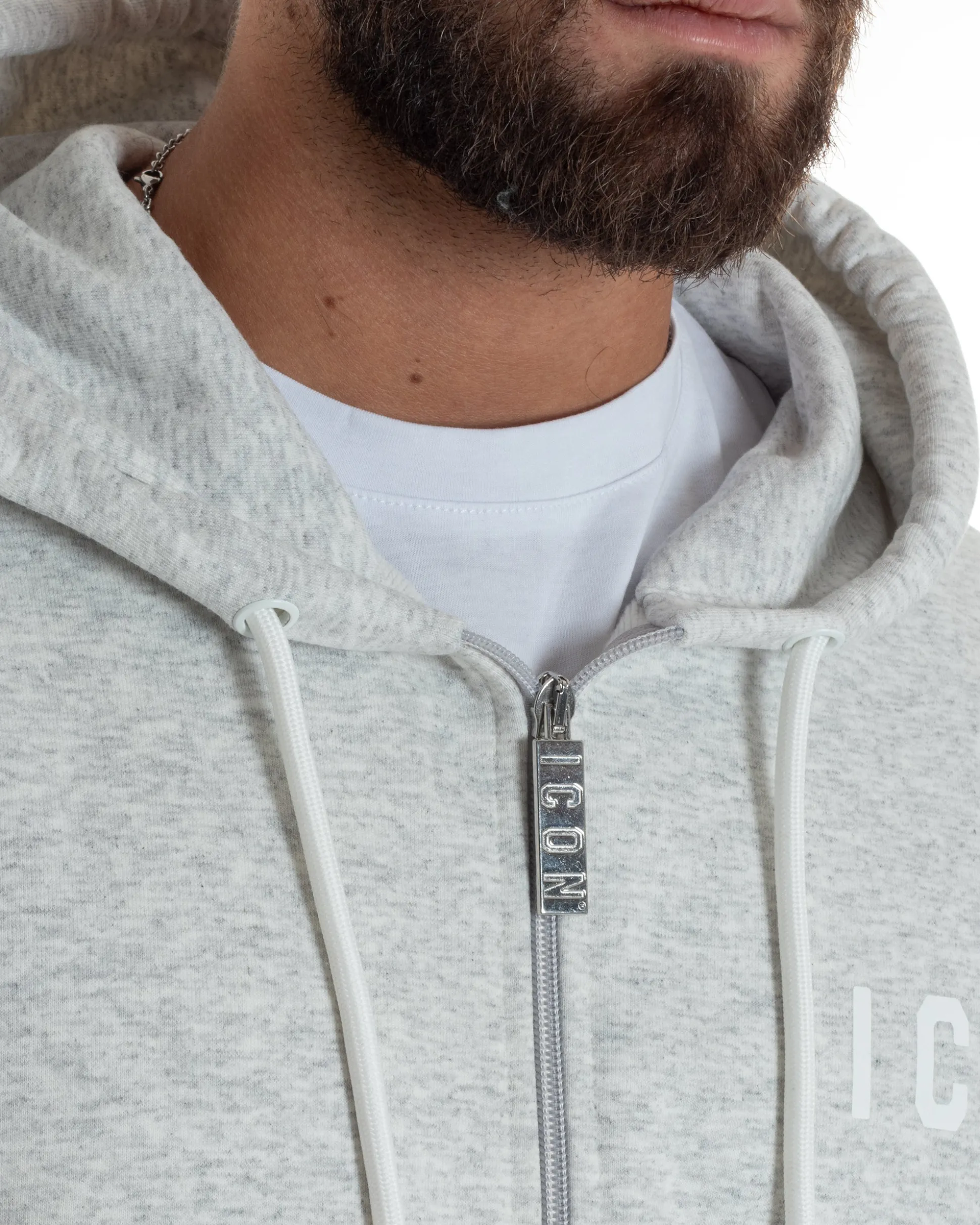 Felpa Uomo Cappuccio Zip Marsupio Stampa Regular Fit Basic Grigio Chiaro ICON ICUF2W6F007
