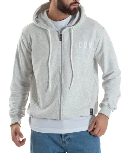 Felpa Uomo Cappuccio Zip Marsupio Stampa Regular Fit Basic Grigio Chiaro ICON ICUF2W6F007