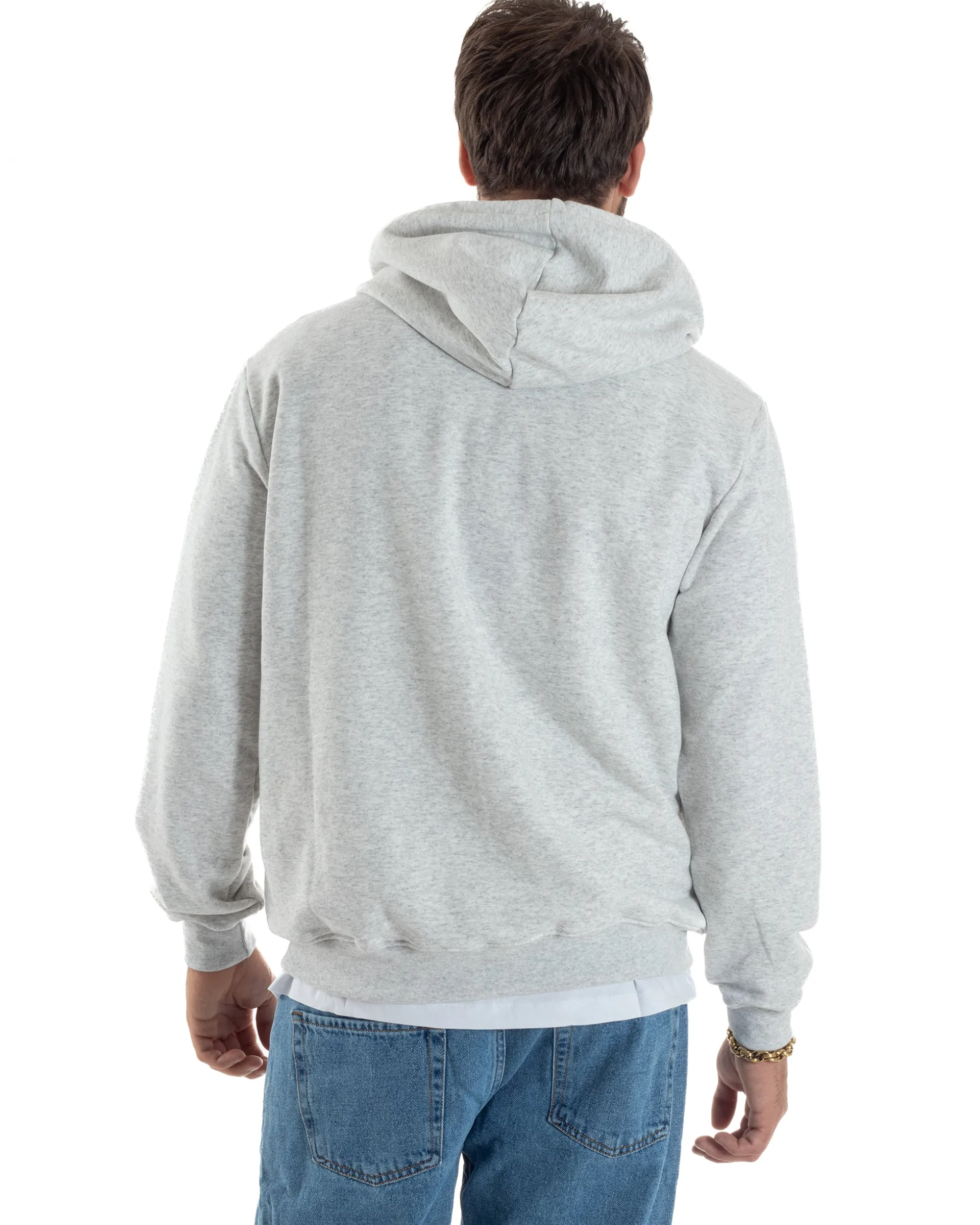 Felpa Uomo Cappuccio Zip Marsupio Stampa Regular Fit Basic Grigio Chiaro ICON ICUF2W6F007
