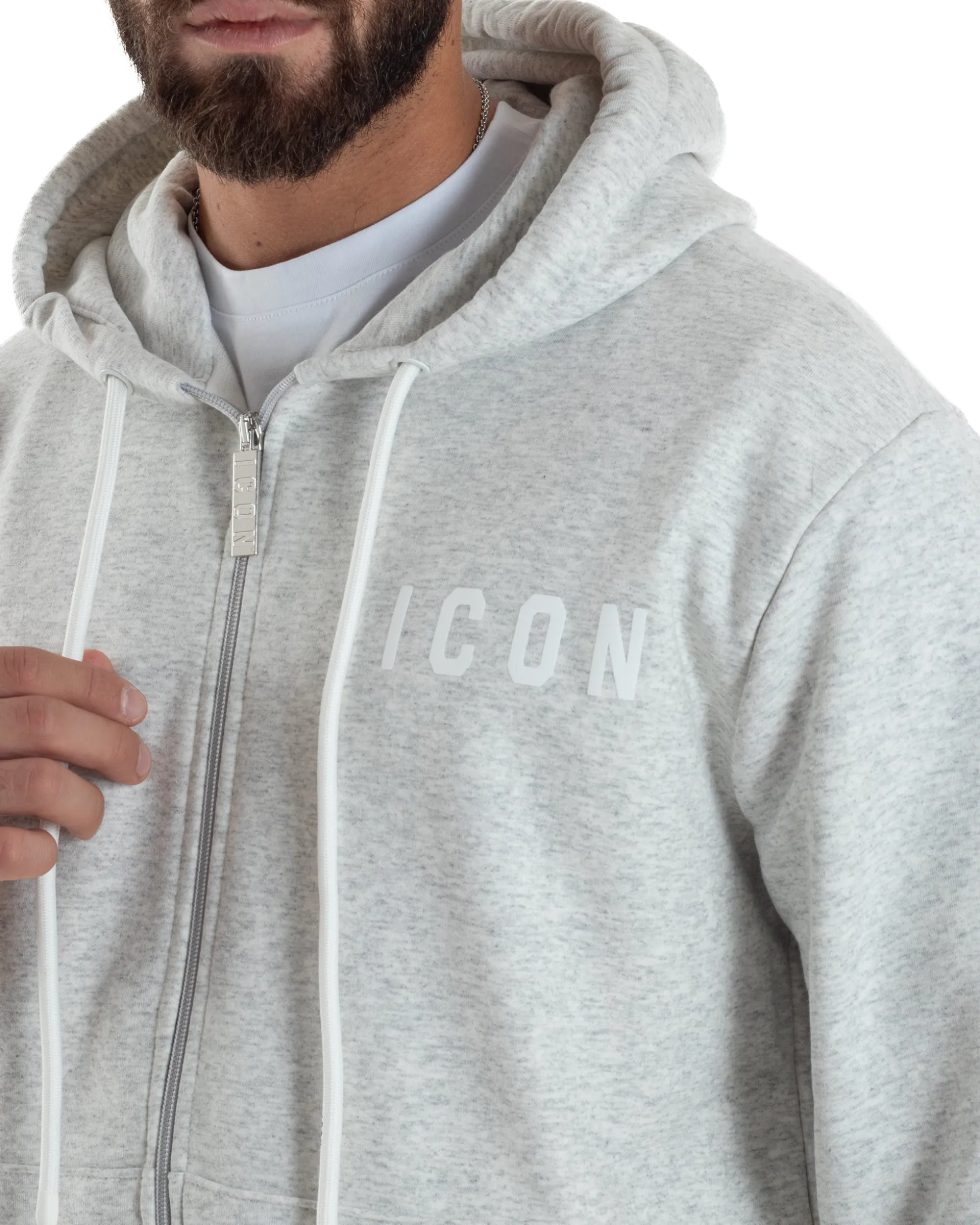 Felpa Uomo Cappuccio Zip Marsupio Stampa Regular Fit Basic Grigio Chiaro ICON ICUF2W6F007