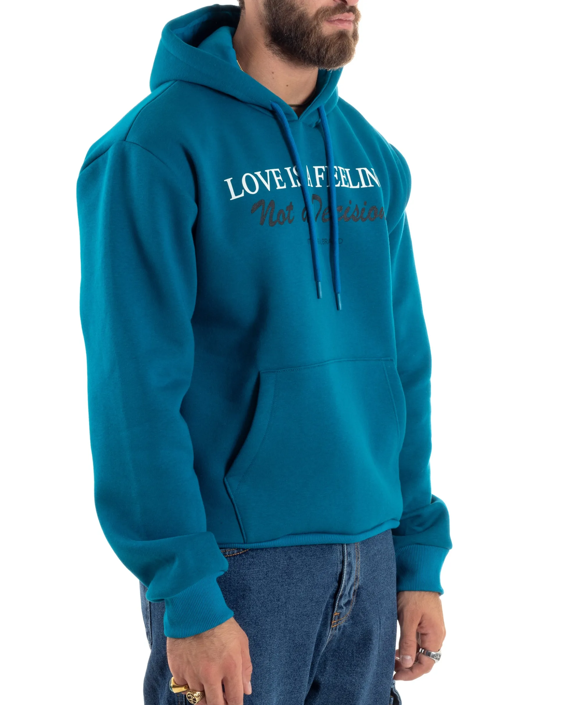 Felpa Uomo Con Cappuccio E Tascone Stampa Oversize Basic Cotone Felpato Comodo Ottanio GIOSAL-F3027A