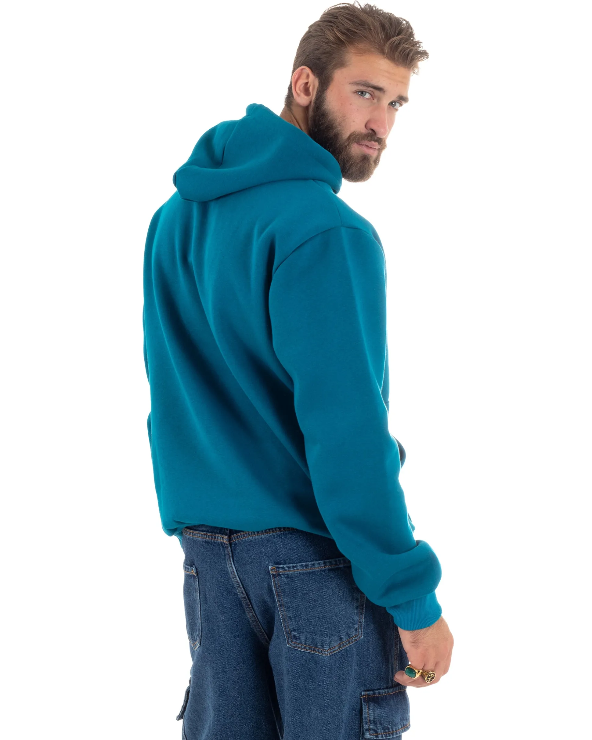 Felpa Uomo Con Cappuccio E Tascone Stampa Oversize Basic Cotone Felpato Comodo Ottanio GIOSAL-F3027A