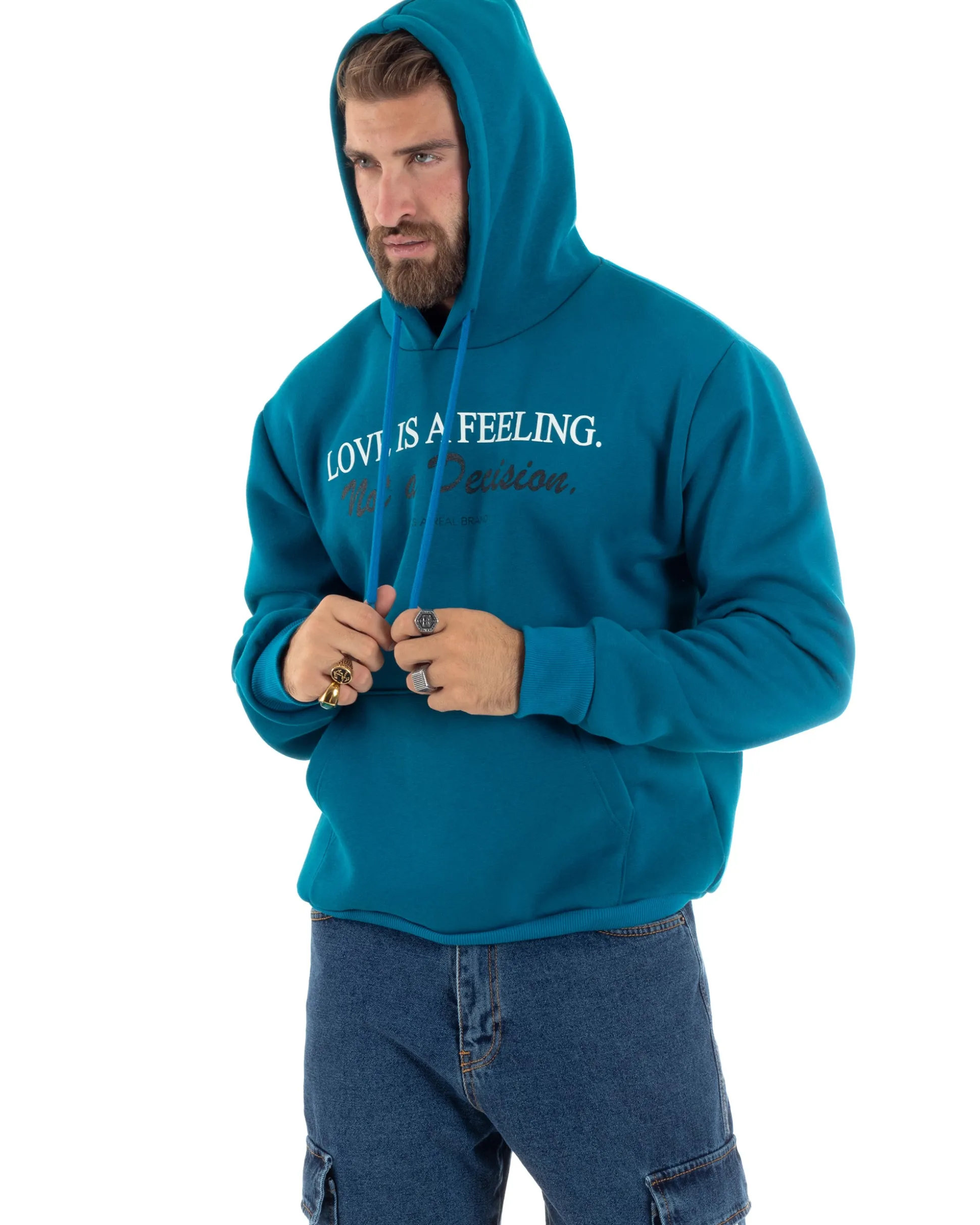 Felpa Uomo Con Cappuccio E Tascone Stampa Oversize Basic Cotone Felpato Comodo Ottanio GIOSAL-F3027A