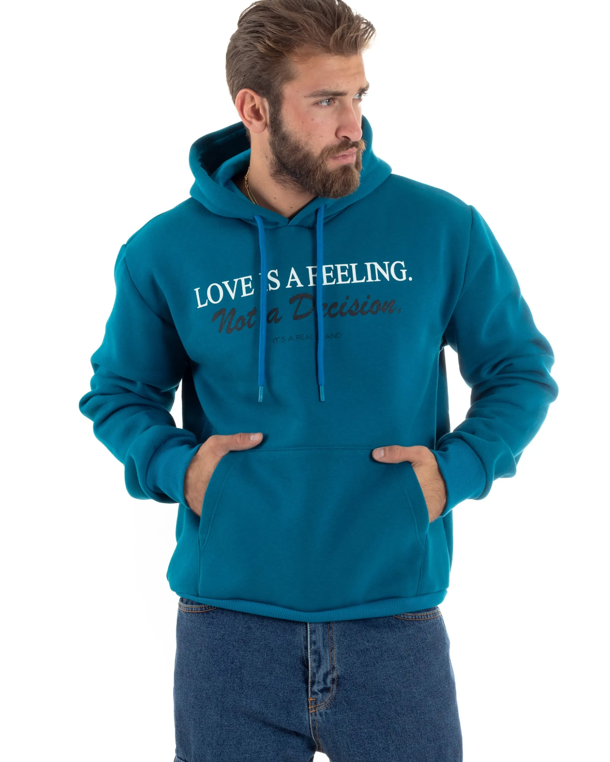 Felpa Uomo Con Cappuccio E Tascone Stampa Oversize Basic Cotone Felpato Comodo Ottanio GIOSAL-F3027A
